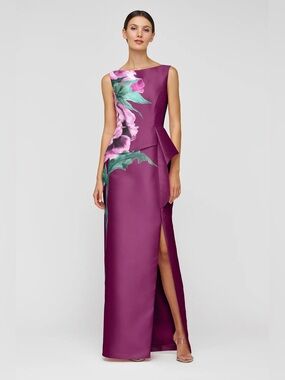 new Kay Unger Luciana floral mikado column gown in Mulberry combo